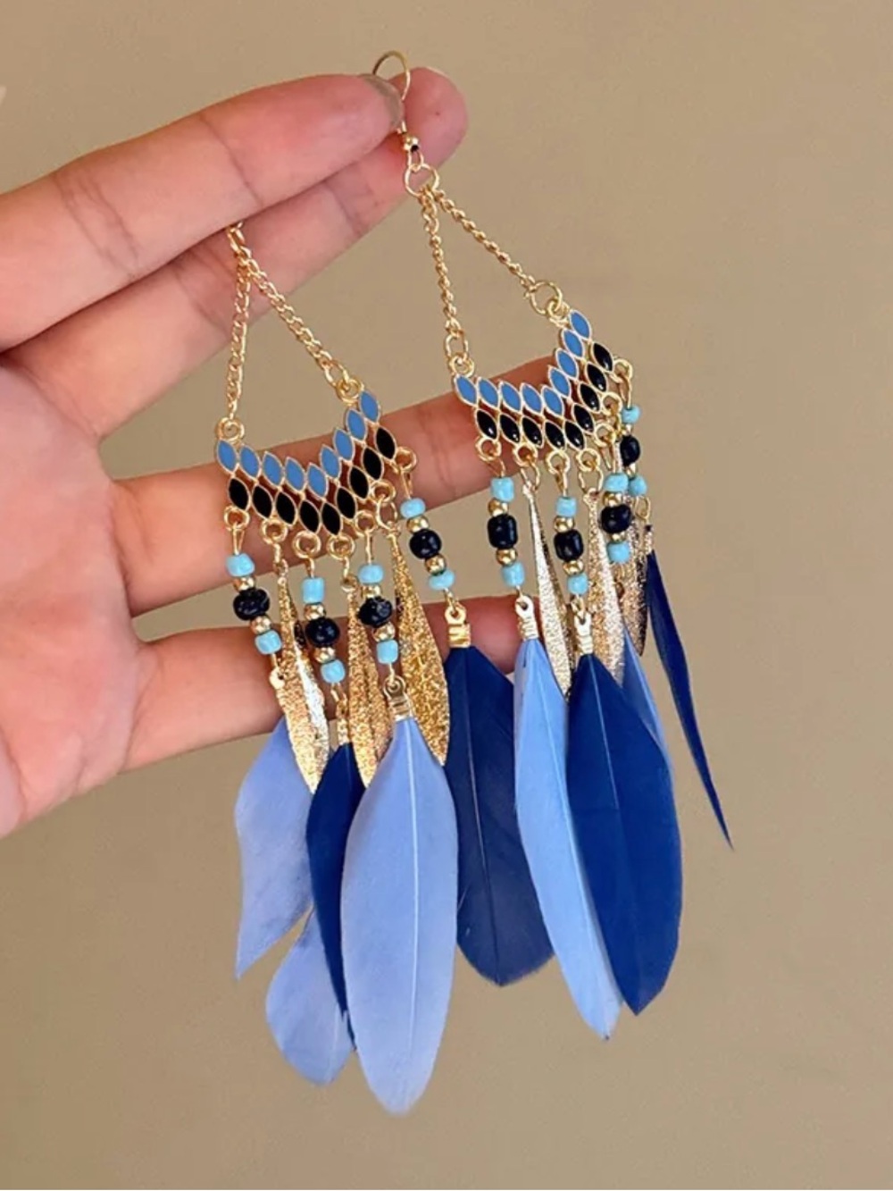 Boho Blue Feather Drop Earrings - Gold Tone
